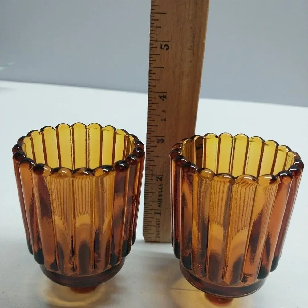 Vintage Dark Amber Ribbed Glass Votive Cup Candle Holders Set Scalloped Rim